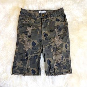 American Bazi Camo Distressed Denim Shorts